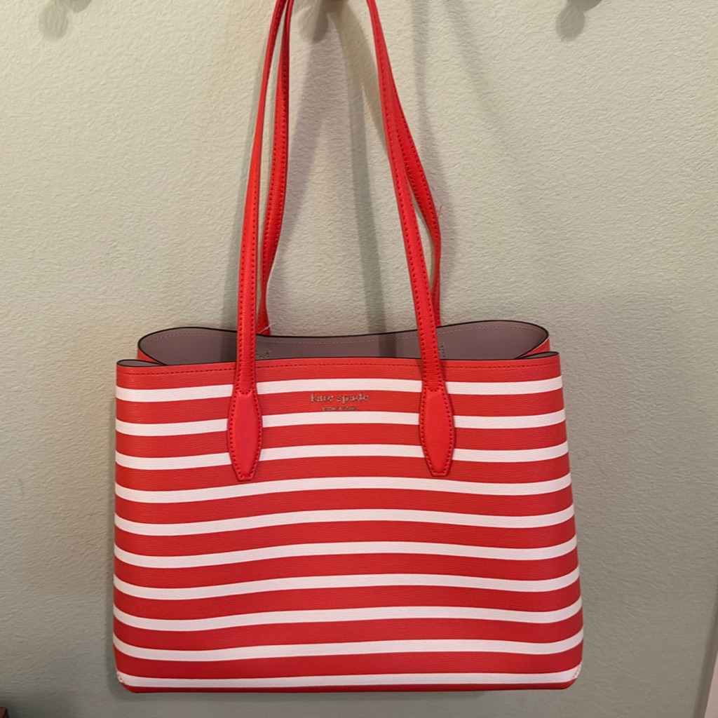 Nwt Kate Spade Tamarillo Multi All Day Sailing Stripe Large Tote Orange White